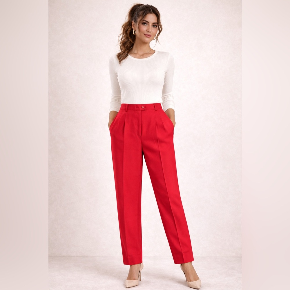 Escada Vintage High Waist Wool Trousers Red Pleated Designer 36